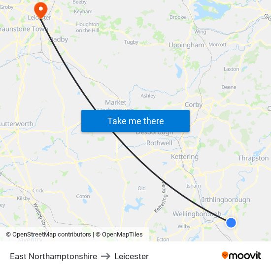 East Northamptonshire to Leicester map