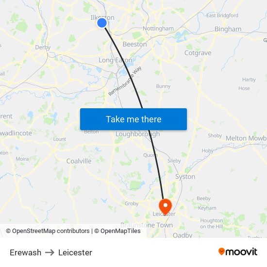Erewash to Leicester map