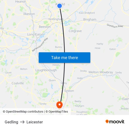 Gedling to Leicester map