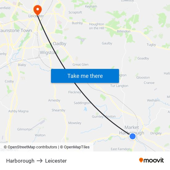 Harborough to Leicester map