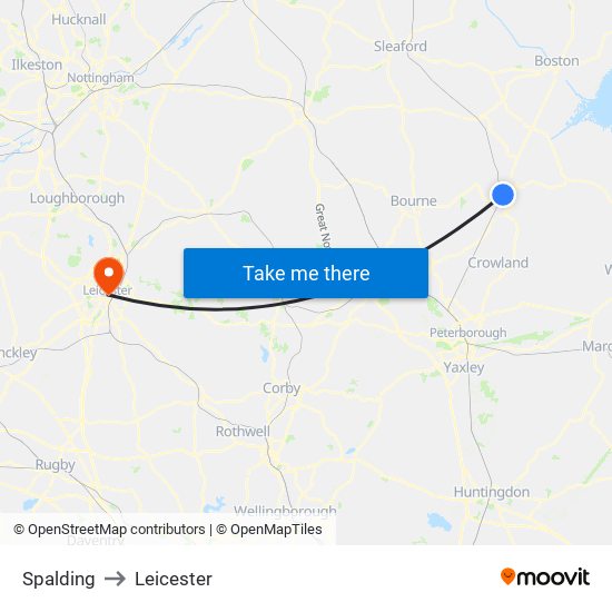 Spalding to Leicester map