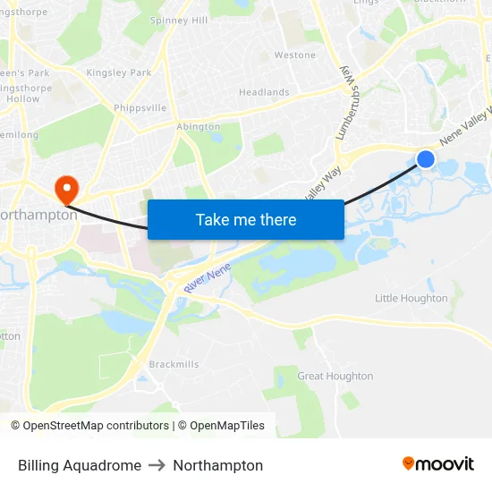 Billing Aquadrome to Northampton map