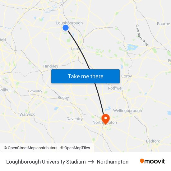 Loughborough University Stadium to Northampton map