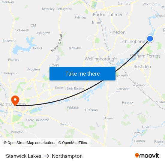 Stanwick Lakes to Northampton map