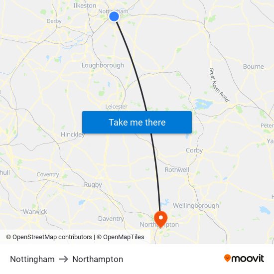 Nottingham to Northampton map