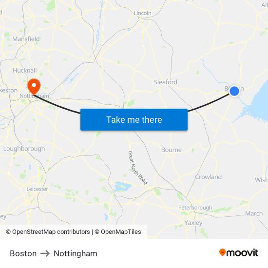 Boston to Nottingham map