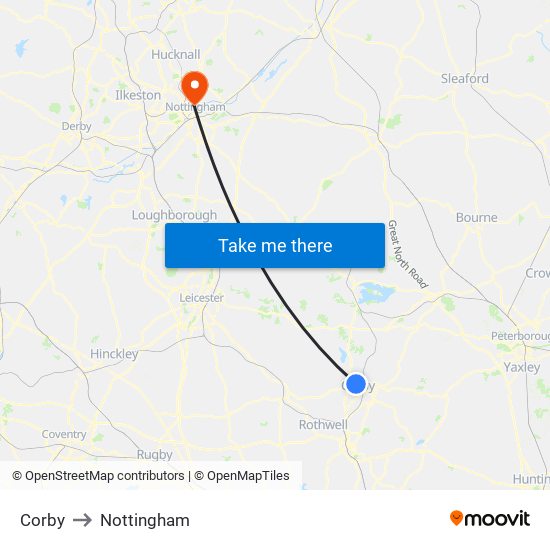 Corby to Nottingham map