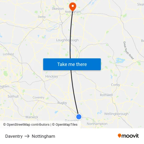 Daventry to Nottingham map