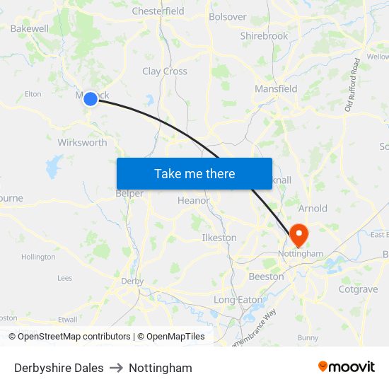 Derbyshire Dales to Nottingham map