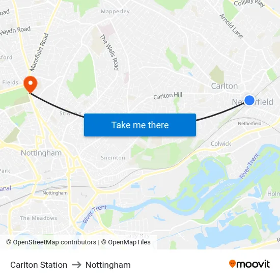 Carlton Station to Nottingham map