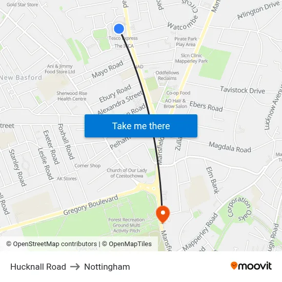 Hucknall Road to Nottingham map