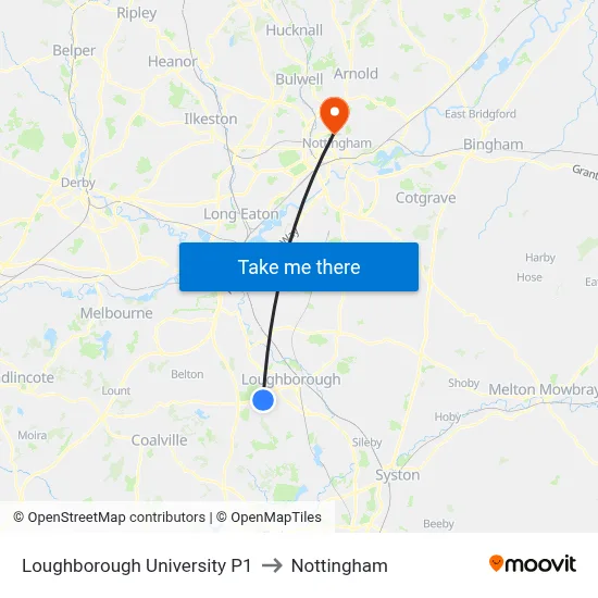 Loughborough University P1 to Nottingham map