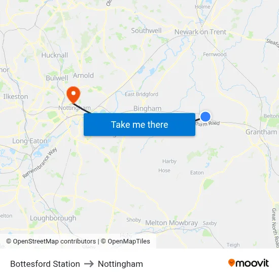 Bottesford Station to Nottingham map