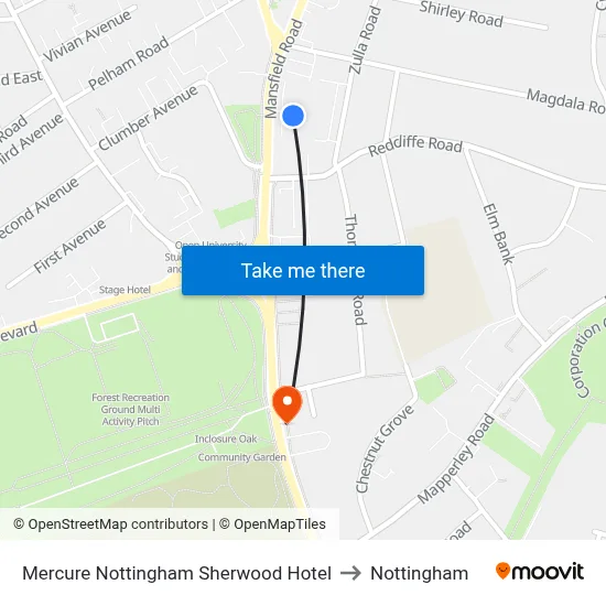 Mercure Nottingham Sherwood Hotel to Nottingham map