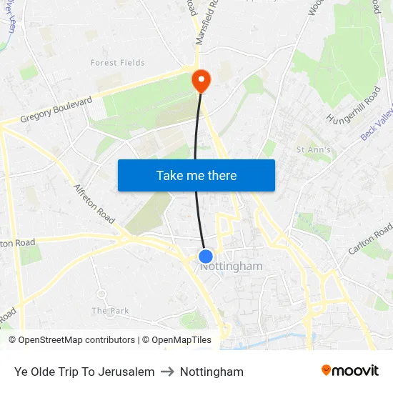 Ye Olde Trip To Jerusalem to Nottingham map