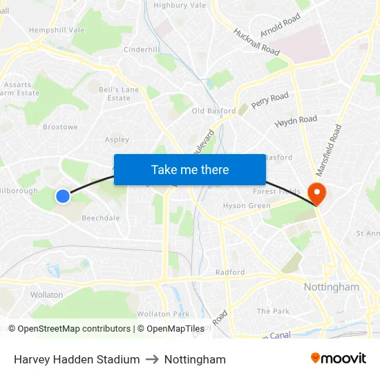 Harvey Hadden Stadium to Nottingham map