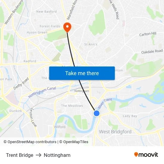 Trent Bridge to Nottingham map