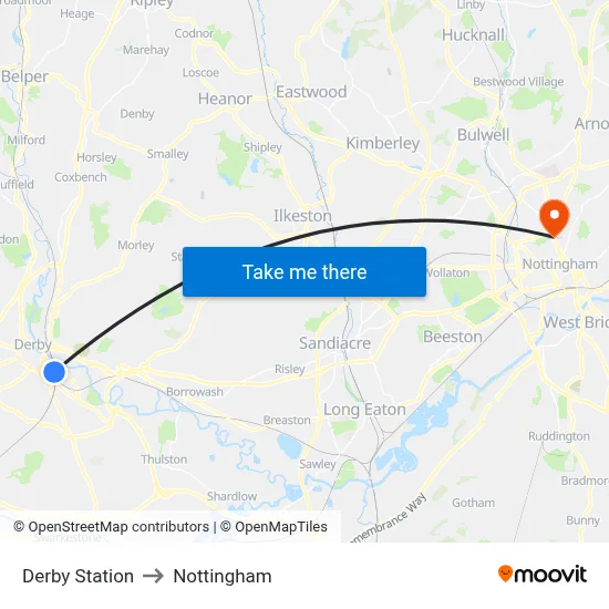 Derby Station to Nottingham map