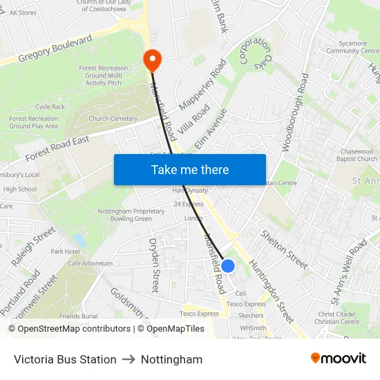 Victoria Bus Station to Nottingham map