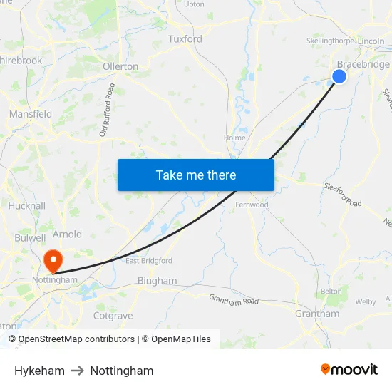 Hykeham to Nottingham map