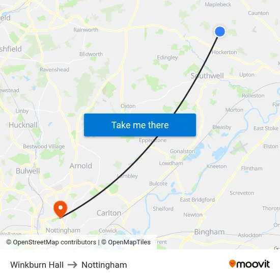 Winkburn Hall to Nottingham map