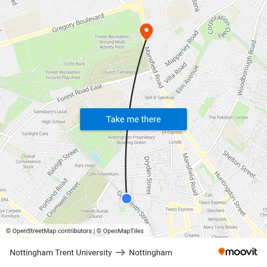Nottingham Trent University to Nottingham map