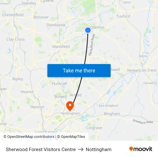 Sherwood Forest Visitors Centre to Nottingham map