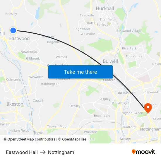 Eastwood Hall to Nottingham map