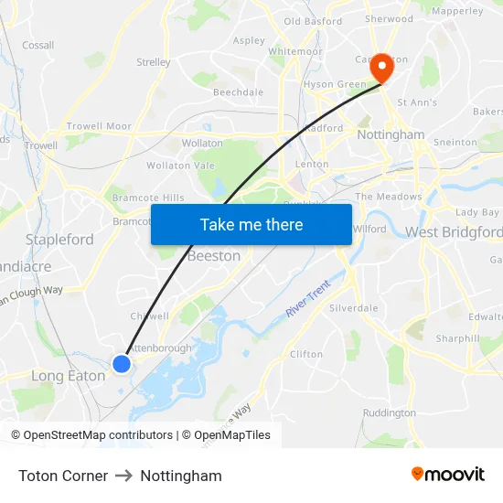 Toton Corner to Nottingham map
