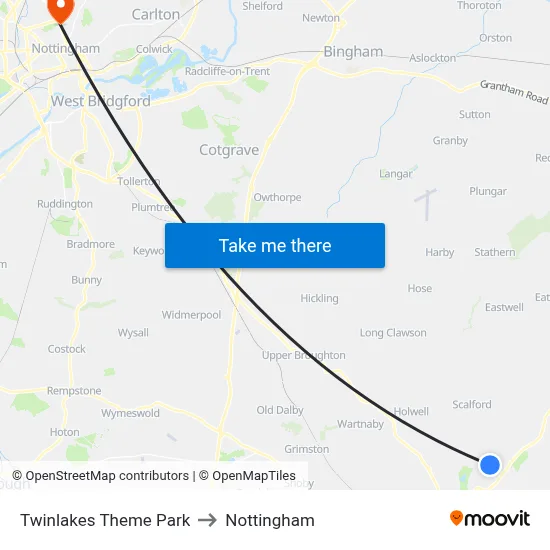 Twinlakes Theme Park to Nottingham map