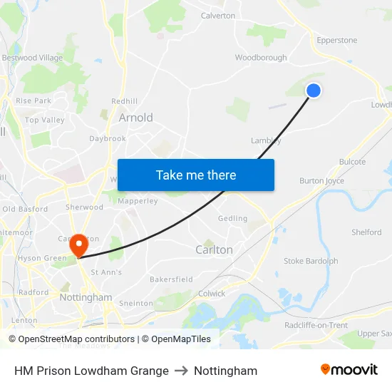 HM Prison Lowdham Grange to Nottingham map