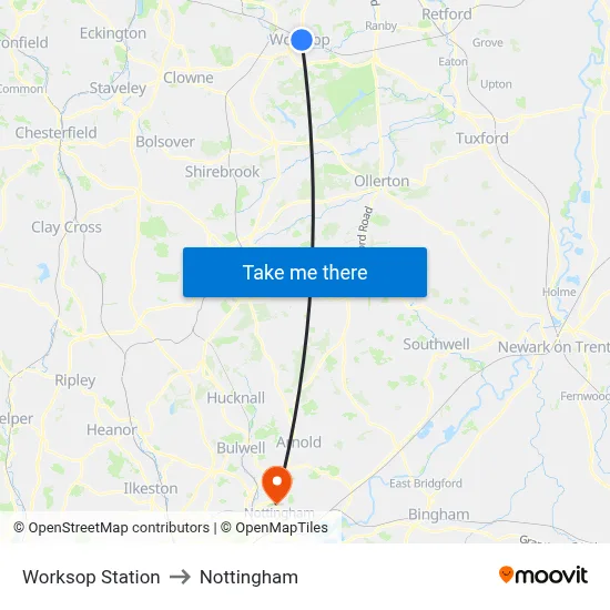 Worksop Station to Nottingham map