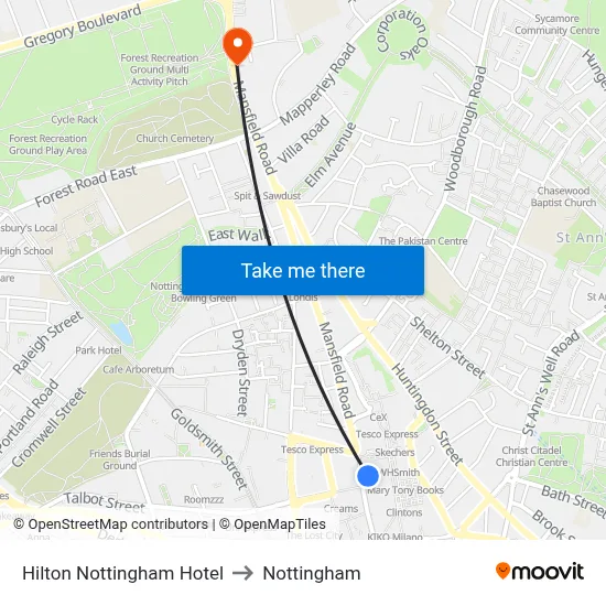 Hilton Nottingham Hotel to Nottingham map