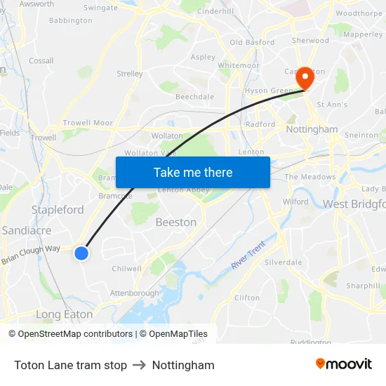 Toton Lane tram stop to Nottingham map