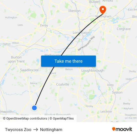 Twycross Zoo to Nottingham map