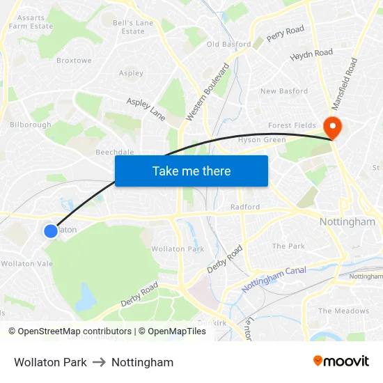 Wollaton Park to Nottingham map