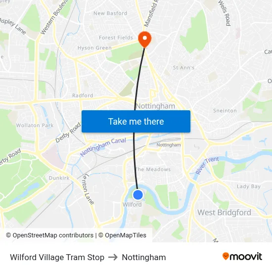 Wilford Village Tram Stop to Nottingham map