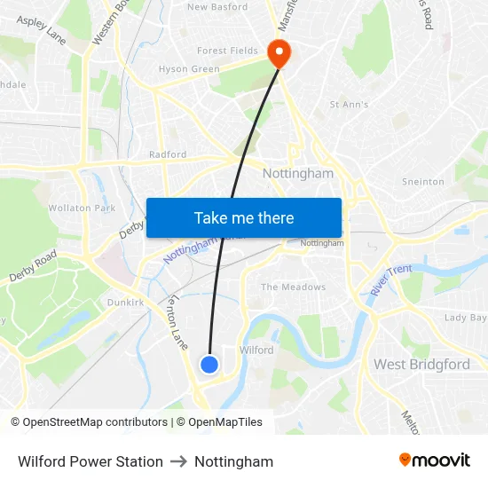 Wilford Power Station to Nottingham map