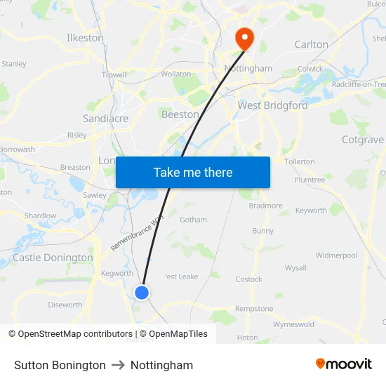 Sutton Bonington to Nottingham map