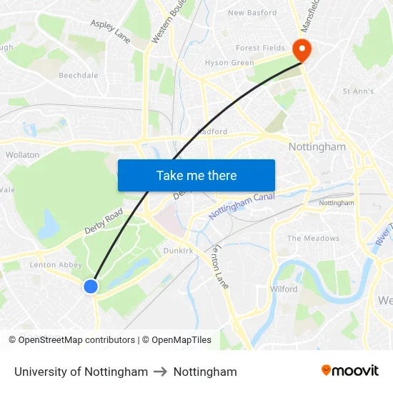 University of Nottingham to Nottingham map