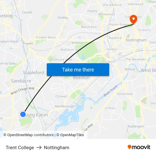 Trent College to Nottingham map