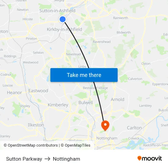 Sutton Parkway to Nottingham map