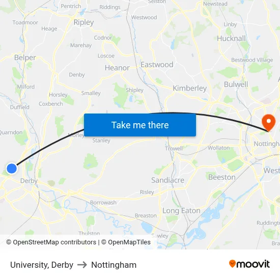 University, Derby to Nottingham map