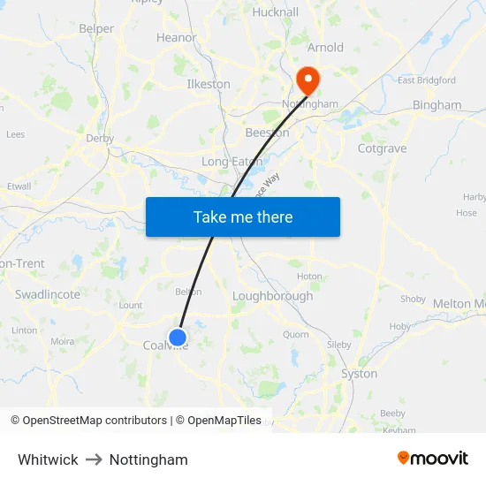 Whitwick to Nottingham map