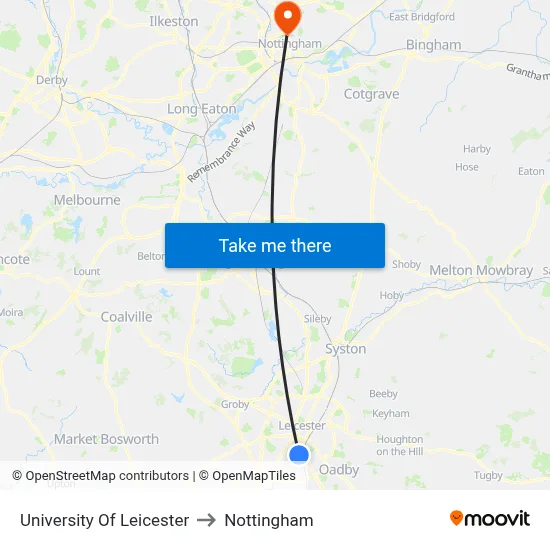 University Of Leicester to Nottingham map