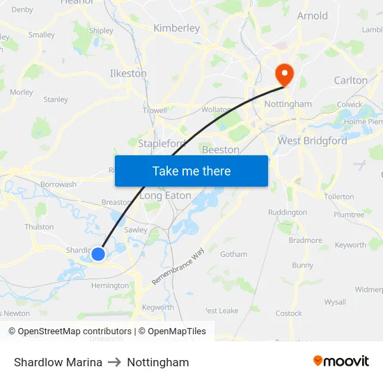 Shardlow Marina to Nottingham map
