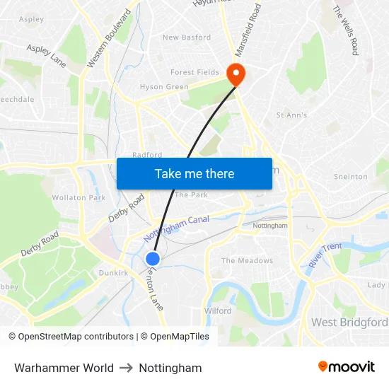 Warhammer World to Nottingham map