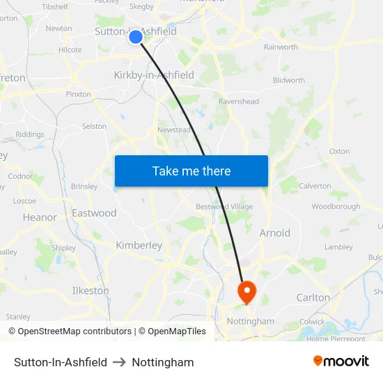Sutton-In-Ashfield to Nottingham map