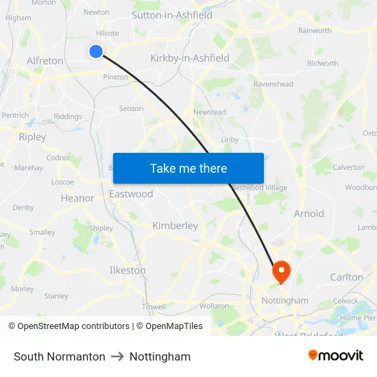 South Normanton to Nottingham map