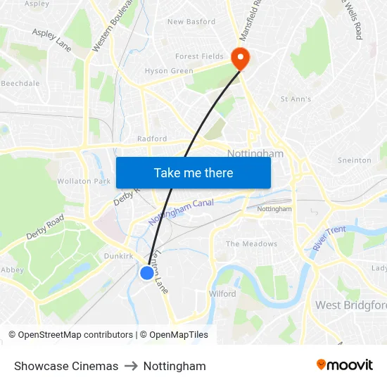 Showcase Cinemas to Nottingham map